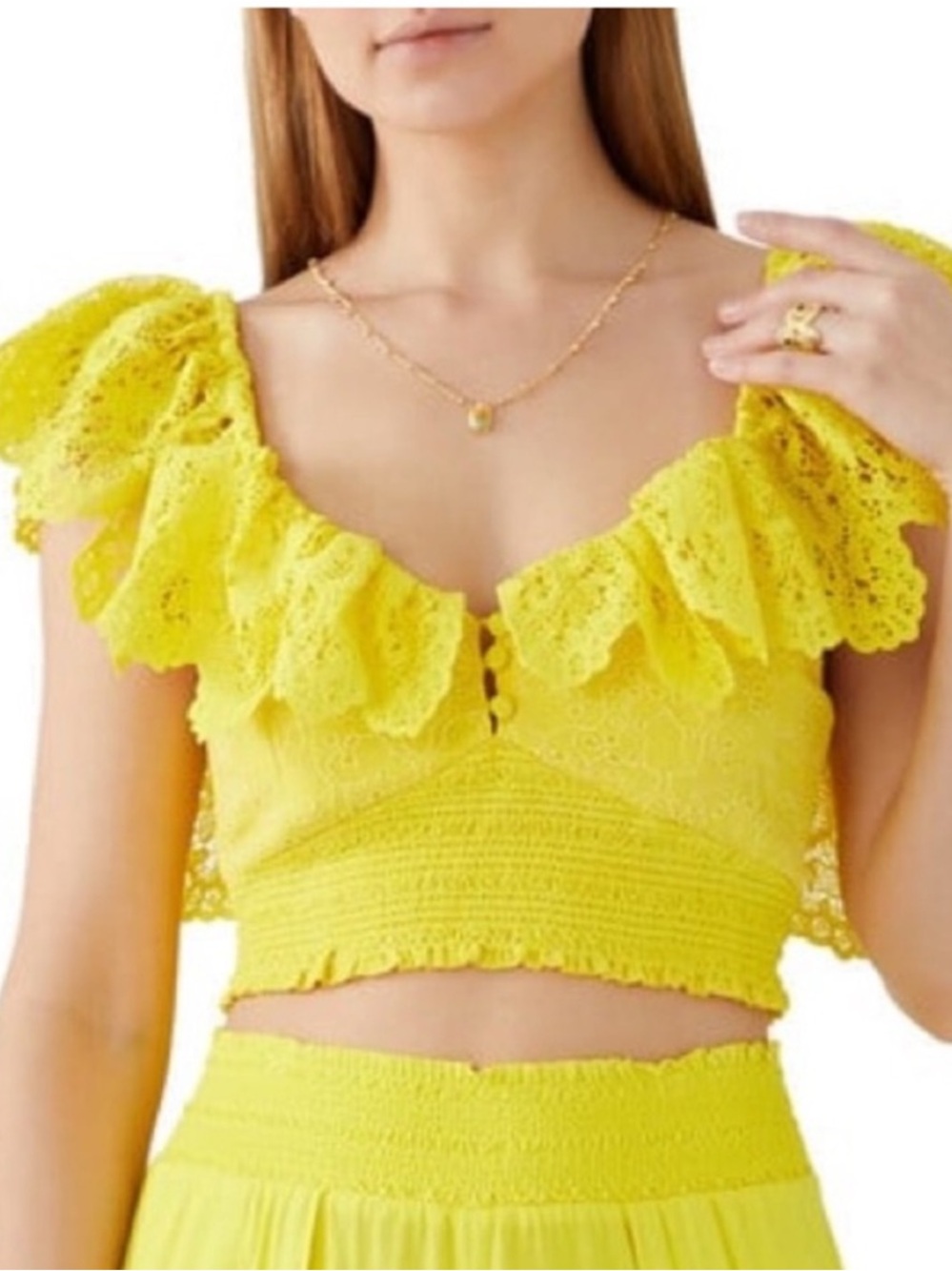 Alice + Olivia Bleeker Sunbeam Yellow RuffleLace Smocked Feminine Crop Top NWT L